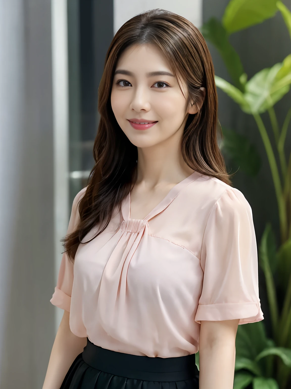 (Raw Photo), (Photorealsitic), (Masterpiece), (Best Quality), High Resolution, 8K, (Intricate Details), (Voluminous Light), Portrait, Female, (50 Years Old), Medium Hair, Straight Hair , layered hair, brown hair, very fine eyes, source order, very fine eyebrows, very fine skin, very fine mouth, very fine nose, cute like an idol, happy smile, (thick lips), (looking at the viewer), (Elegant Transparent Azalea Pink Short Sleeve Blouse and Black Skirt), waist shot, (Random body orientation),