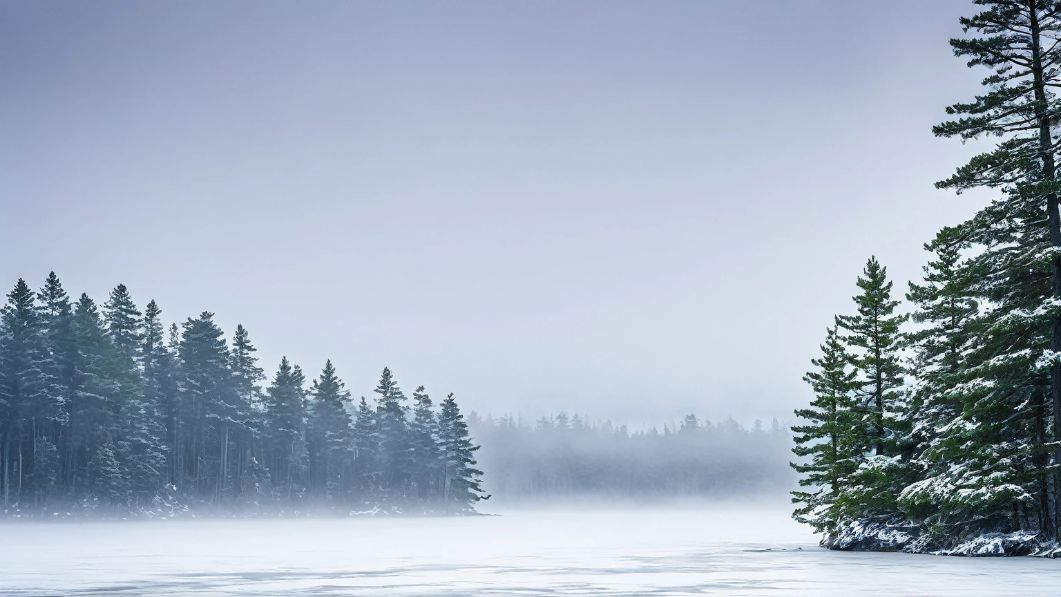 frozen lake, fog, cloudy skies, pine trees, winter, blizzard, background