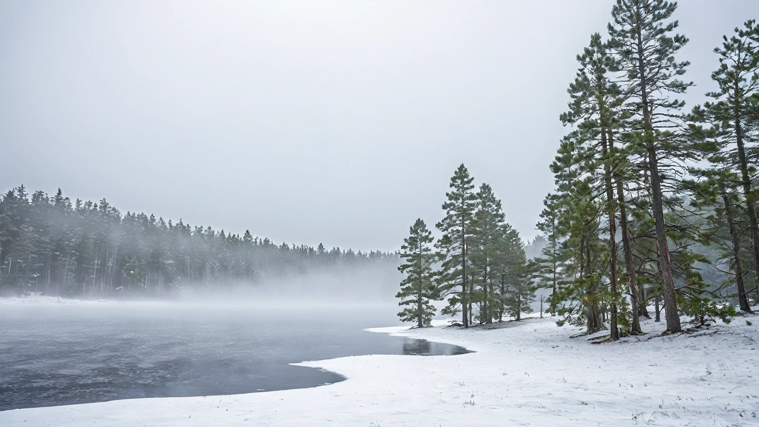 frozen lake, fog, cloudy skies, pine trees, winter, blizzard, background