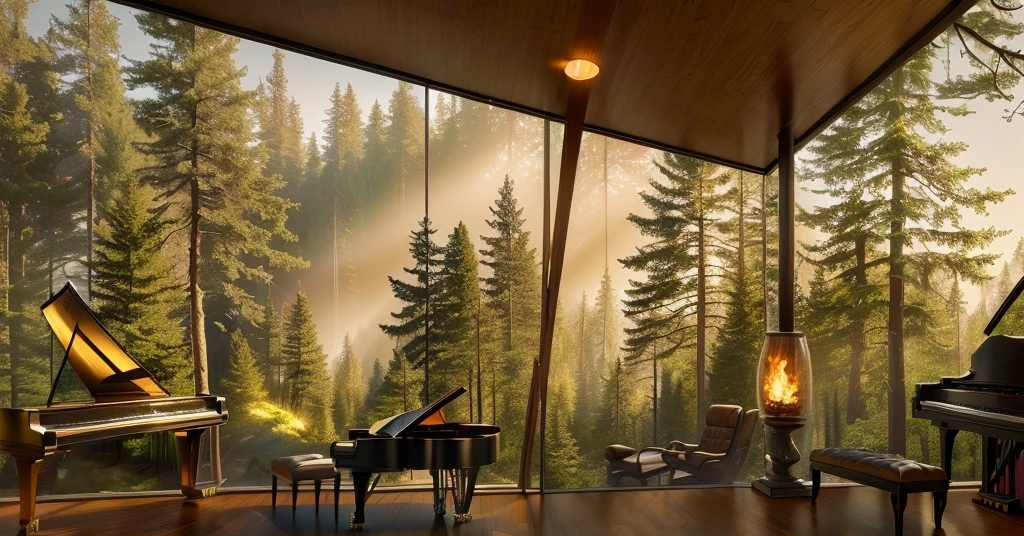 There is a room,There is a piano and a piano inside, The forest can be seen through the large windows at night, House in the Forest, Morning loft photos, highly realistic unreal engine, Unreal Engine photorealistic rendering, Modern house in the woods, relaxing environment, 8k Landscape Rendering, Realistic architecture, Luxurious environment, Comfortable place, Unreal Engine is highly rendered, Architectural Visualization,fireplace
