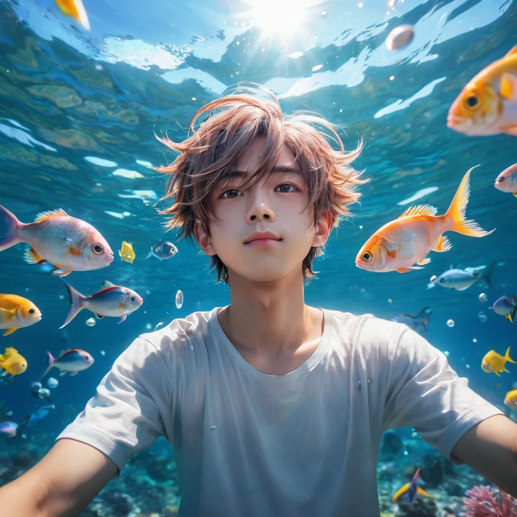 ((cpchann: 2.1)), ((Masterpiece)), ((best quality)), (Anime: 1.3), (super detail: 1.2), (High definition: 1.3), (Professional photography: 1.2), ( cinematic lighting), (flattened body), (looking at another), ahoge, messy hair, (blush), (smug), (ultra detailed), (selfie pose), 1boy, full body, ((in the sea)), (surrounded by beautiful fish), colorful bubble, marine nature, perfect environment, brightness, (sharp focus), (perfect light),