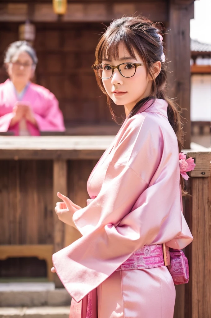 best quality, 8k, very delicate and beautiful, highly detailed face and skin texture, shiny skin, high resolution, cute long hair japanese girl in pink kimono with glasses at japanese temple, sharp focus