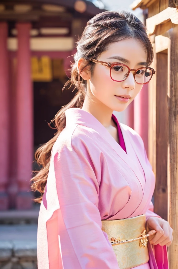 best quality, 8k, very delicate and beautiful, highly detailed face and skin texture, shiny skin, high resolution, cute long hair japanese girl in pink kimono with glasses at japanese temple, sharp focus