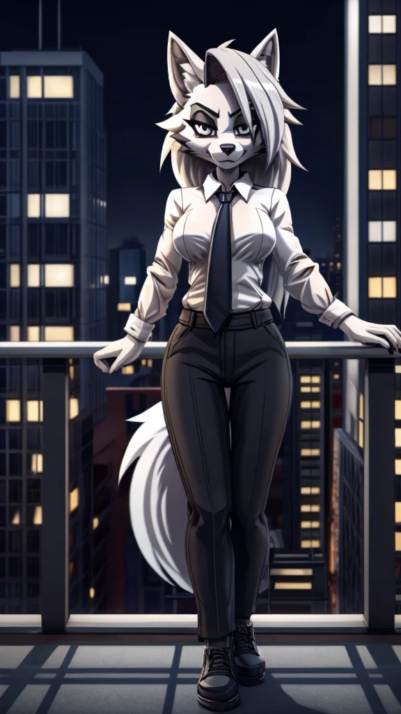 Loona from Helluva Boss, female wolf, anthro, mature adult, soft white hair, grey eyes, white shirt with tie, black pants, black shoes, standing in the balcony, city at background, night, detailed, solo, beautiful, front view, high quality, anime style, 4K