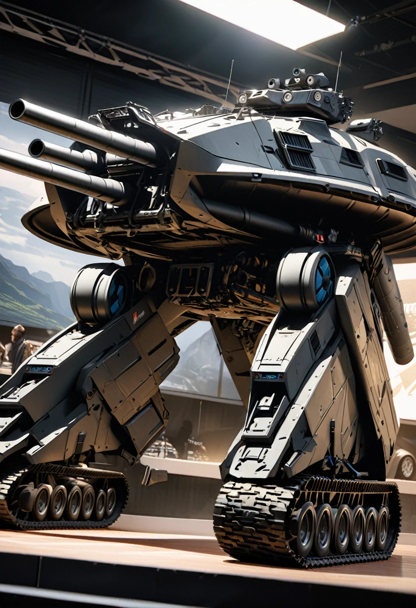 photorealistic, highly detailed, 8k, hyper-realistic, extremely detailed, ultra-fine painting, physically-based rendering, professional, master work, concept art, futuristic tank, sleek design, stylish wedge-shape, compact, 130mm smoothbore cannon, remote-controlled heavy machine gun, missile interceptors, radars, Gatling gun, grey color, sky blue patterns, manufacturer's logo, track chassis, rubber pads, stylish side skirts, corrugated design, showroom displays, brand new, oblique angle, cinematic lighting