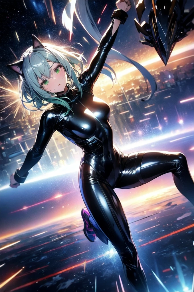 A silver-haired beautiful girl with cat ears eyes are green hair is silver and long clothes: a form-fitting black combat suit The fist is an afterimage The background is a city at night her is in a cat-like fighting pose The year is 14 years monitor, Dark Night, Sweat, Steam of Exhalation, Space, Battle, Dynamic Angle one girl