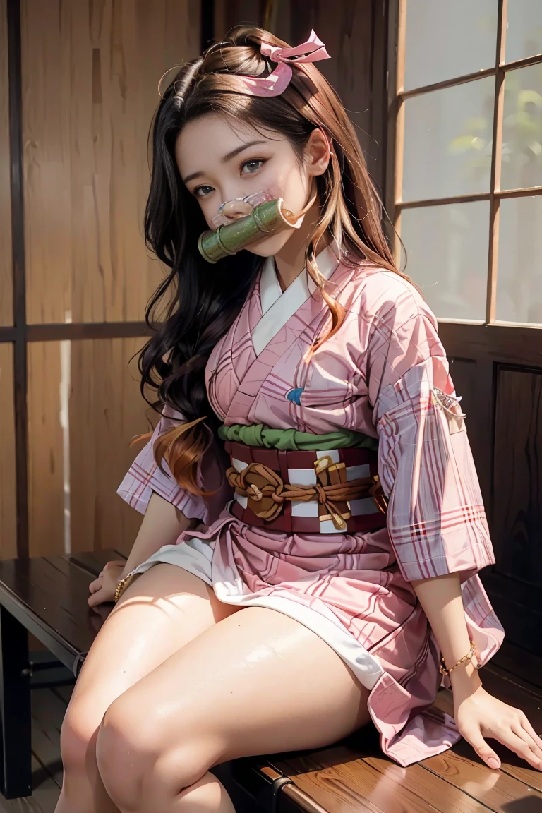 Masterpiece, Best Quality, High Resolution, Venus1, 1Girl, Solo, Tsuko Kamato, Bamboo, Gag, Hair (brown), Plaid Belt, Gag, Gag, Gradient Hair, Hair Ribbon, Haori, Japanese Clothing, Very Short Kimono, Long Hair, Looking at the Audience, Multicolored Hair, Pink Eyes, Very Short Pink Kimono, Pink Ribbon, Ribbon, Solo, (((Masterpiece)), Forehead, Sitting, Cute puffing cheeks, Angry, Eyes wide, hips very wide, thighs very thick