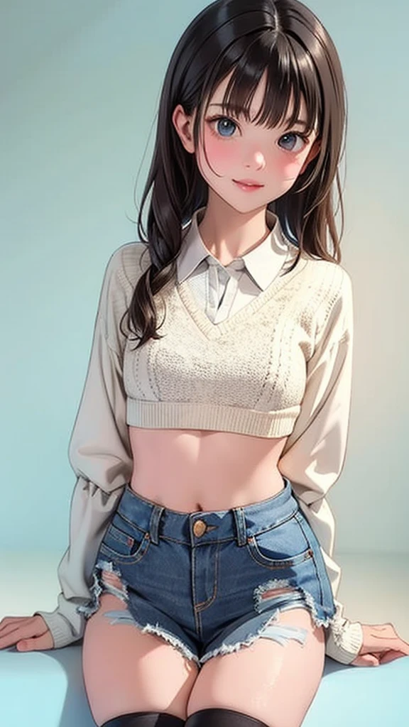 4K, masterpiece, 8K, high quality, 最high quality,10歳のLovely少等生, Very white skin, Brown long hair，A little bit，Low length，freckle，Sparse eyebrows，Straight bangs，(flat chest) ，Feminization, tilt, elegant, elegant, Lovely, Smile, Lovely, , belly button, Denim low waist mini skirt, ((Black knee socks)), (Ugly clothes)、((Gray background))