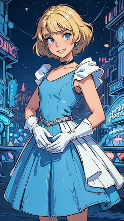 best quality,masterpiece,1girl,solo,(((13years old))),japanese girl,an extremely cute and beautiful girl,highly detailed beautiful face and eyes,petit,cute face,lovely face,baby face,shy smile,show teeth, Blonde hair,short hair,flat chest,skinny,slender,(((CinderellaWaifu, blue dress, white gloves, jewelry))),(((standing in Dark Midnight Neon Glow light Disneyland))),he is looking at the viewer,