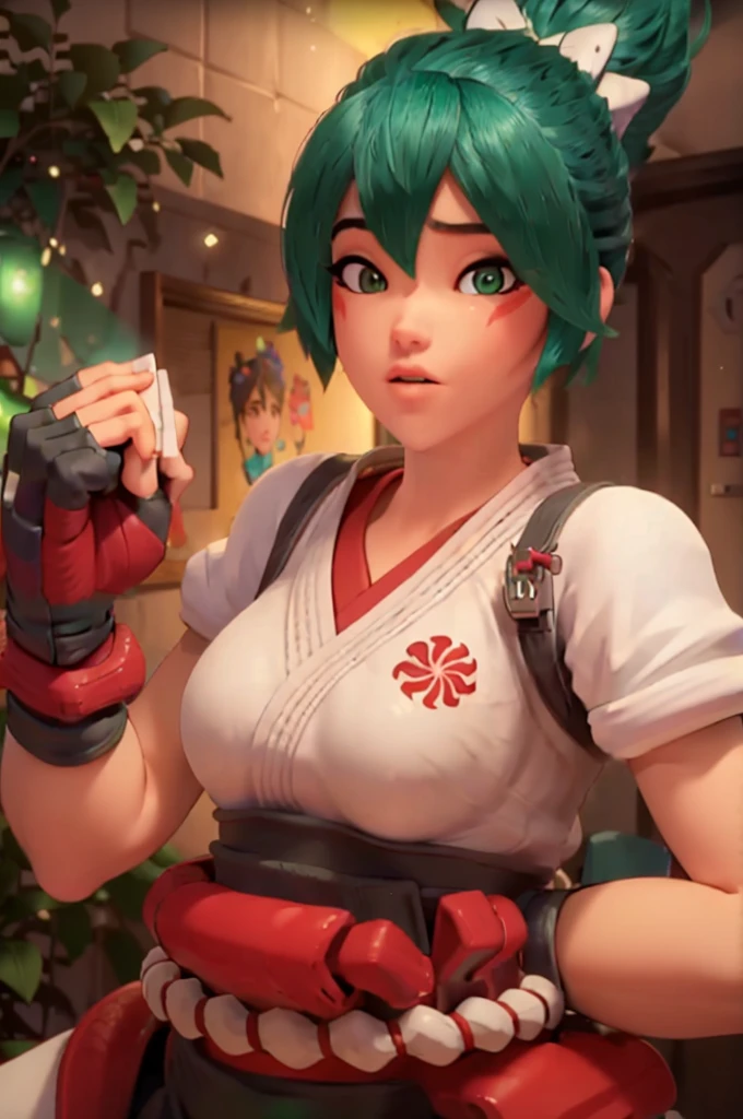 (((Fighting pose))),realistic, realism, photorealism, photo-realistic, high contrast, (photorealistic:1.4), 8k high definition detailed realistic, (best quality, masterpiece:1.2),  photon mapping, radiosity, physically-based rendering, best quality, highly detailed, 1girl,  owkiriko, green hair:0.6, looks at the viewer, red dress, ((glowing eyes)),