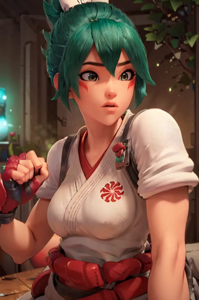 (((Fighting pose))),realistic, realism, photorealism, photo-realistic, high contrast, (photorealistic:1.4), 8k high definition detailed realistic, (best quality, masterpiece:1.2), photon mapping, radiosity, physically-based rendering, best quality, highly detailed, 1girl, owkiriko, green hair:0.6, looks at the viewer, red dress, ((glowing eyes)),