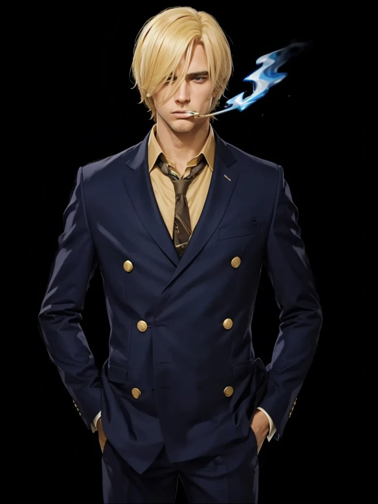A serious man, with blonde hair, wearing a blue suit set, has a toothpick in his mouth