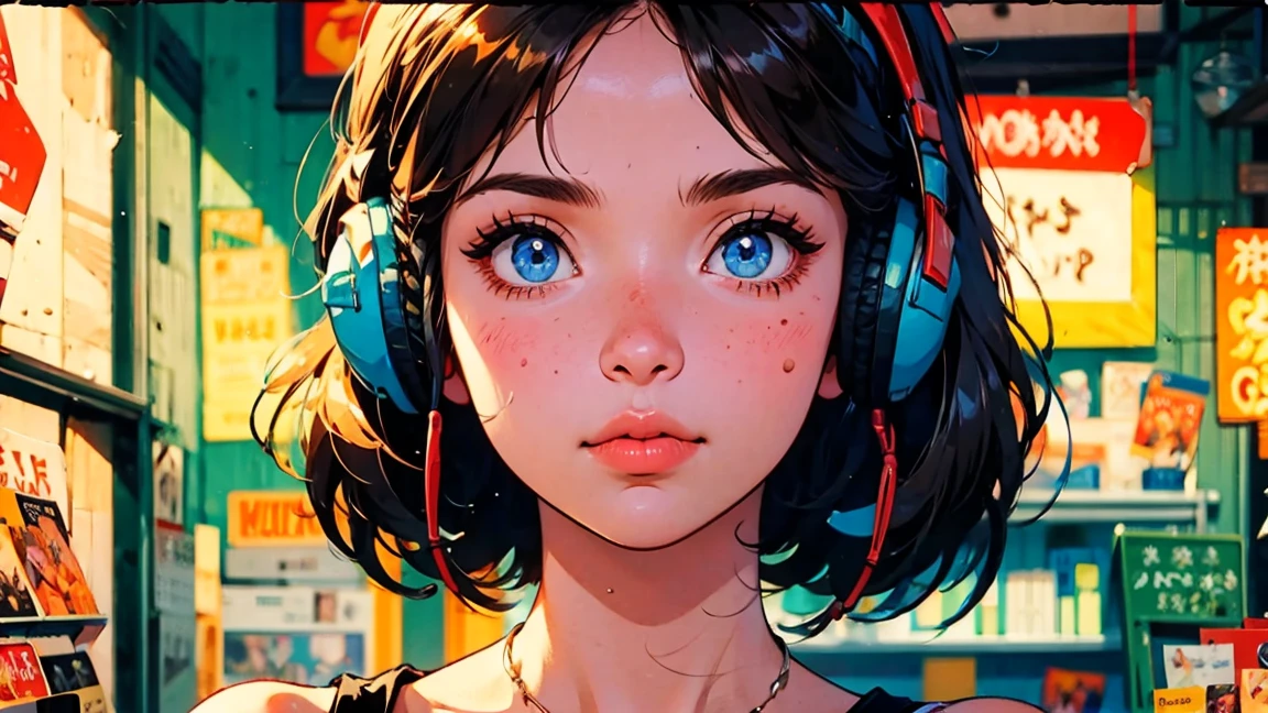ultra-high resolution, super detailed, perfect lighting, GIRL WITH DETAILED FACE WITH FACE FORWARD, SHORT HAIR, BLUE EYES, small AND ROUNDED nose, 80s anime style GIRL, HEADPHONES, FACE CLOSE UP, RECORD PLAYER,HOLDING A RECORD IN HAND, RECORD STORE