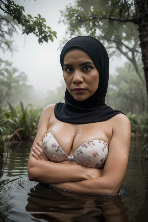 ((Chubby:-1.3)), ((HIJAB)), WEARING STRAPLESS PATTERN FLORAL BRA, (Best Quality, hight resolution, Realistic:1.37), Detailed face and expression, The Frightened Woman, pixie cut, sickly, Worn-out appearance, Swamp environment, standingn, Seductively drowning in a swamp, Distressed flared satin, cloudy water, Sinking Feeling, gloomy atmosphere, Foggy surroundings, dark shadows, A Surreal Touch, soft-lighting, creepy ambiance, can't cope with shame