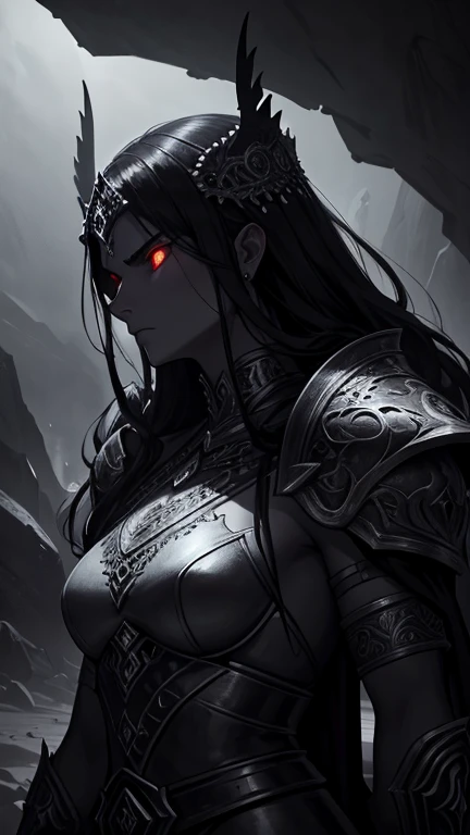 intricate detailed portrait of a powerful warrior goddess in the deserts of ancient Carthage, dark and ominous atmosphere, dramatic lighting, intense gaze, flowing robes, ornate armor, fierce expression, glowing eyes, ethereal and otherworldly, epic fantasy, dark fantasy, moody color palette, deep shadows, cinematic composition