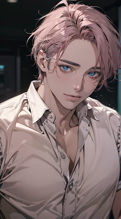 (best quality,4k,8k,highres,masterpiece:1.2),ultra-detailed,(realistic,photorealistic,photo-realistic:1.37),1 man,31 years old,mature man,very handsome,without expression,smile,short grey pink hair,blue eyes,penetrating gaze,perfect face without errors,imposing posture,businessman,office background,cinematic lighting,hdr image