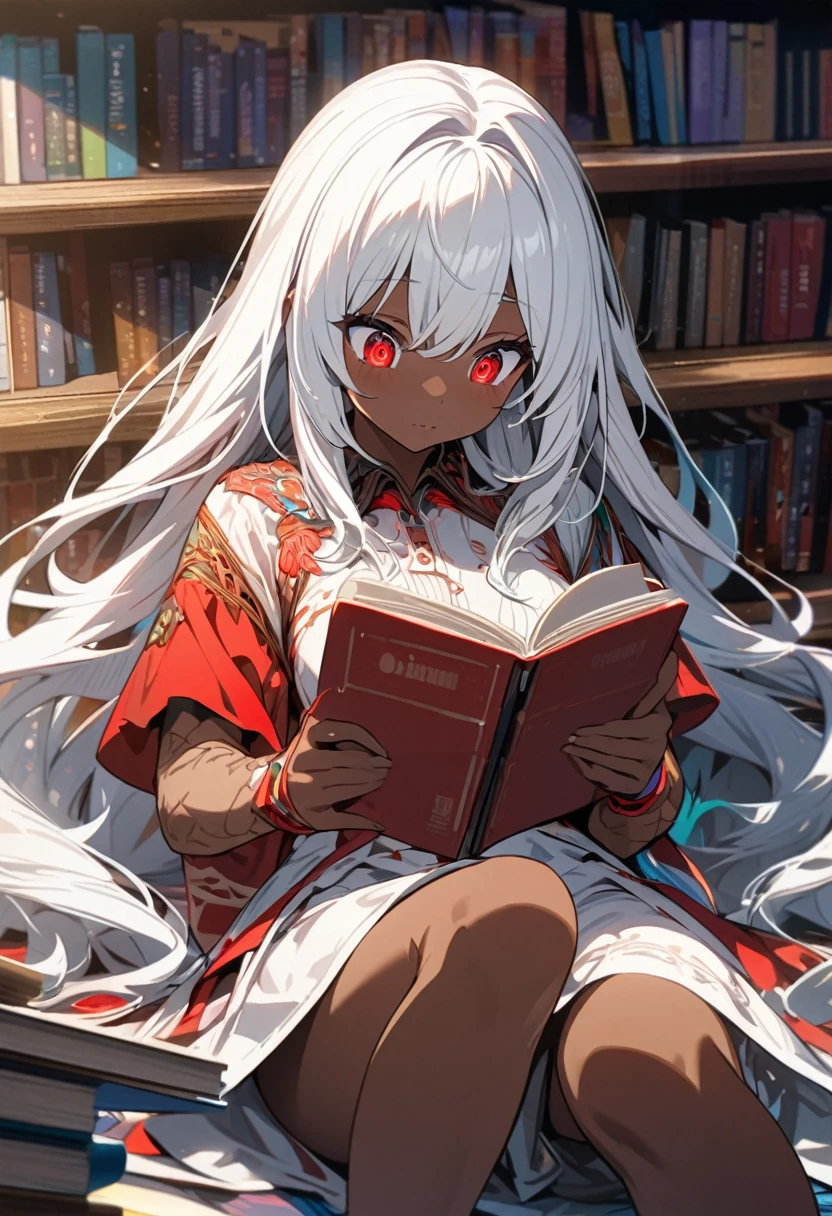 anime girl with very long white hair, with red eyes and brown skin, 2D, reading a book in the library, detailed eyes, ultra detailed, , high quality, vibrant colors,