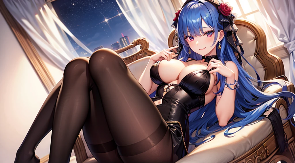 Highest quality, masterpiece, figure, wallpaper,One girl,Black shirt, Light Hair, Beautiful detailed girl, Highly detailed eyes and face, Beautiful attention to detail, Shine,Browsing Caution, View your viewers, Chair, night, Black Pantyhose, Straight hair, Red Eyes, Semi-long hair,beautiful light blue hair, thick_Thighs, Large Breasts, Red eyes,beautiful finger, clear background, deep night, smile、Big earrings、bracelet、Gal、snow、smug face, Clothing Coat、street、winter