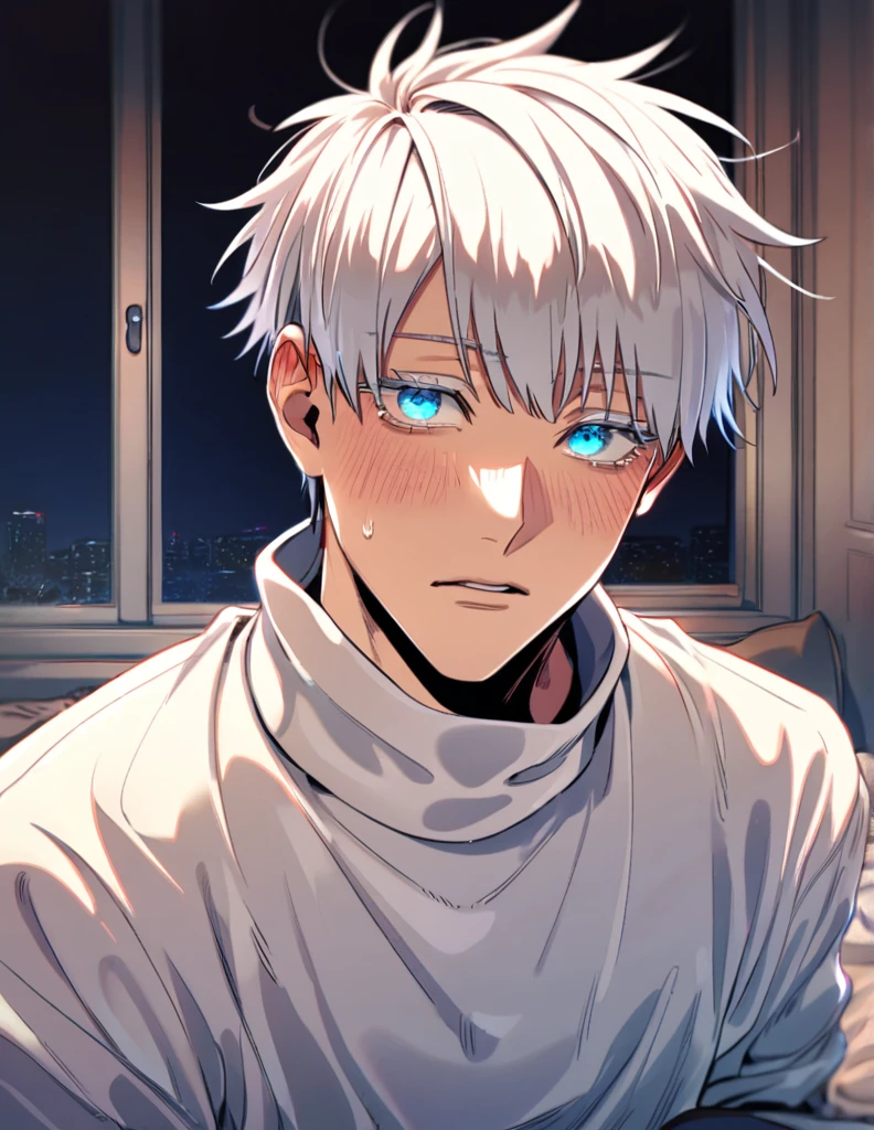 absurdres, highres, ultra detailed, HDR, master piece, best quality, Gojo Satoru, white hair with bangs, white eyelashes, expressive blue eyes, jujutsu kaisen, solo, 1 young man, handsome, blushing, white turtleneck sweater, inside a room, night, sitting on a bed