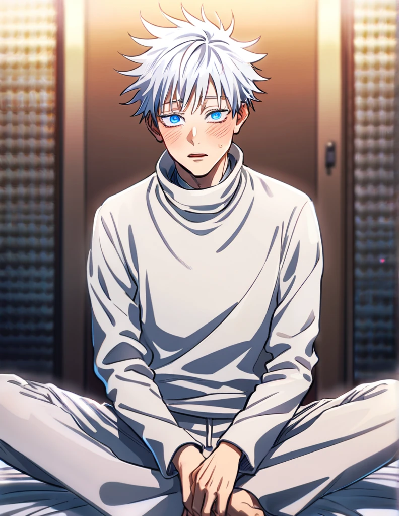 absurdres, highres, ultra detailed, HDR, master piece, best quality, Gojo Satoru, white hair with bangs, white eyelashes, expressive blue eyes, jujutsu kaisen, solo, ung man, handsome, blushing, white turtleneck sweater, inside a room, night, sitting on a bed