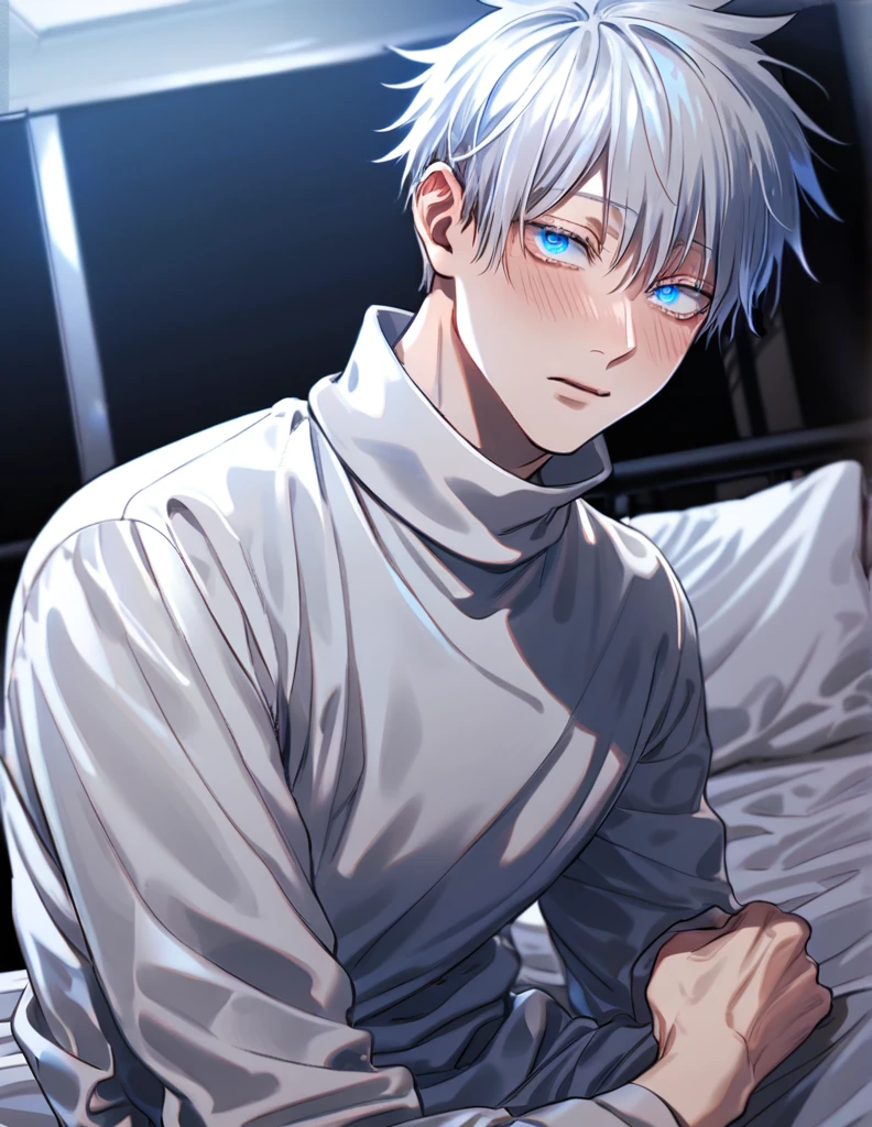 absurdres, highres, ultra detailed, HDR, master piece, best quality, Gojo Satoru, white hair with bangs, white eyelashes, expressive blue eyes, jujutsu kaisen, solo, 1 young man, handsome, blushing, white turtleneck sweater, inside a room, night, sitting on a bed