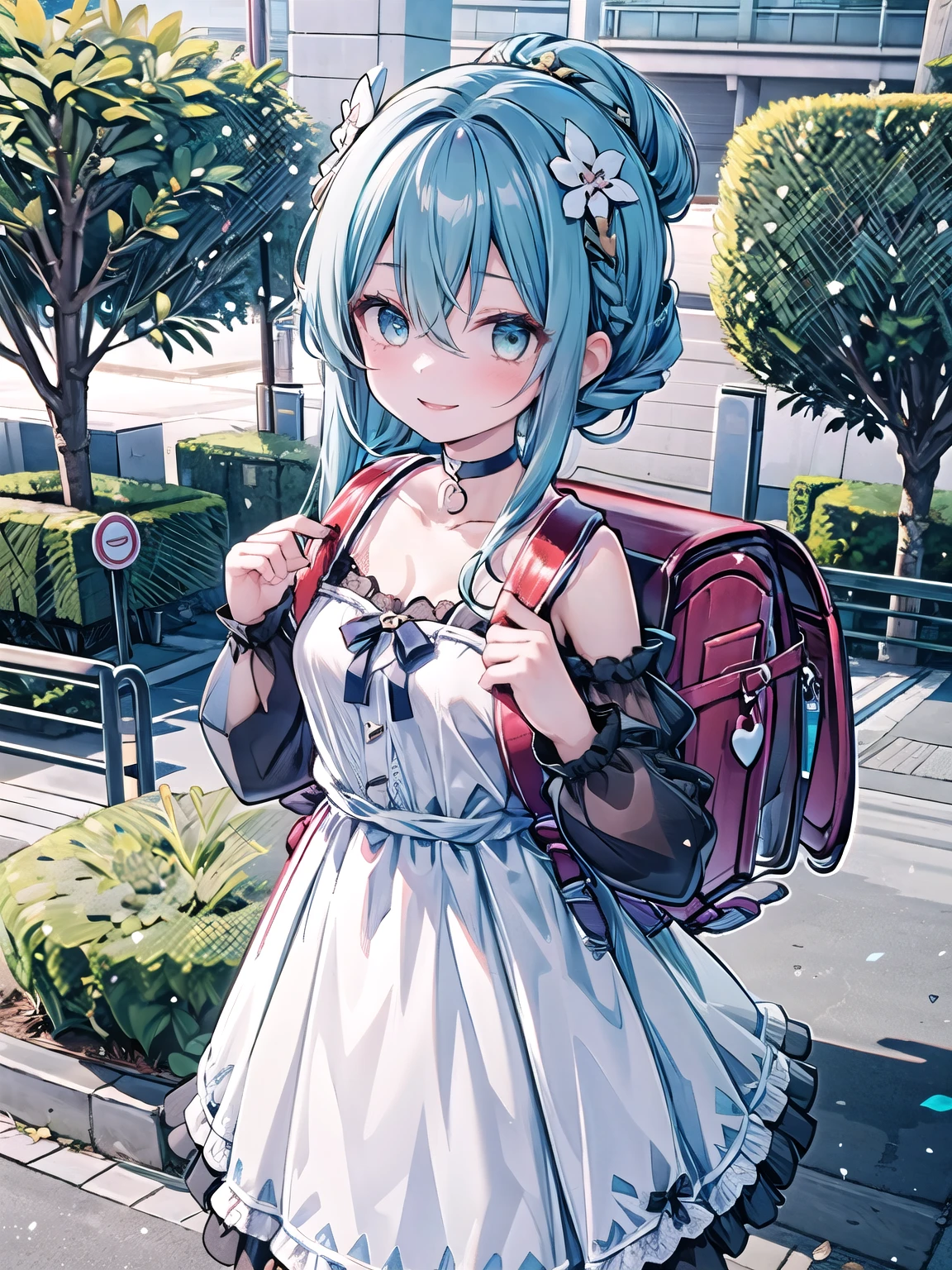 Masterpiece, hd, 1girl,  21 years old,  smiling, medium breasts, long hair curls, bangs, hair between eyes, hair ornament, choker, ribbon, bow, white and cyan dress, long dress, lace, frills, detached sleeves, long sleeves, standing, outdoor, wearing randoseru backpack (backpack:1.2)