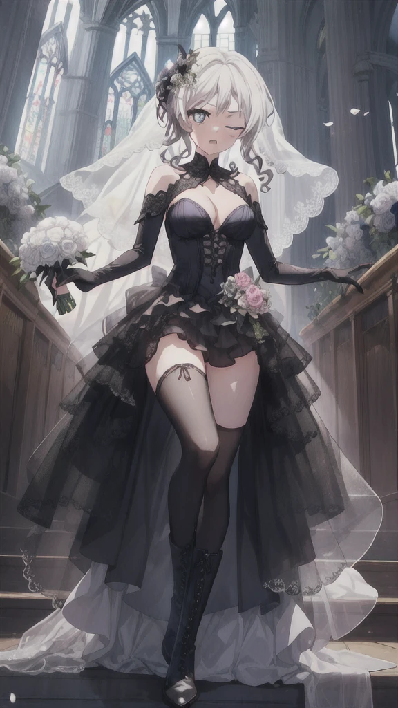 A girl，************，long hair, Bangs, White hair, Hair between the eyes, Purple Eyes:（1.5),  (Medium breasts:1.2), 
rest  锁骨, Wedding dress，veil，wedding，Black dress，Flowers，dress，Black socks，Black knee socks，Black gloves，Long boots，Cleavage，
Looking at the audience, whole body, Open your mouth，lol，
indoors, church，permanent，permanent，微lol，With one eye closed，
rest (masterpiece:1.2), best quality, high resolution,  8k wallpaper, (illustration:0.8), (Beautiful and delicate eyes:1.6), Extremely detailed face, Perfect lighting, Extremely detailed CG, (Perfect hands, Perfect anatomical structure),