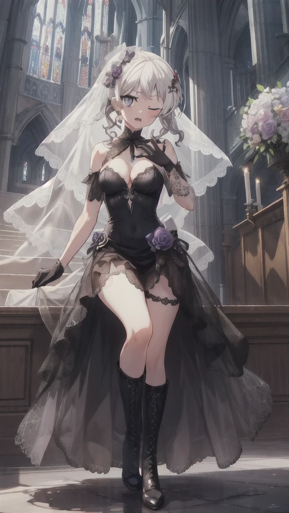 A girl，16 years old，long hair, Bangs, White hair, Hair between the eyes, Purple Eyes:（1.5),  (Medium breasts:1.2), 
rest  锁骨, Wedding dress，veil，wedding，Black dress，Flowers，dress，Black socks，Black knee socks，Black gloves，Long boots，Cleavage，
Looking at the audience, whole body, Open your mouth，lol，
indoors, church，permanent，permanent，微lol，With one eye closed，
rest (masterpiece:1.2), best quality, high resolution,  8k wallpaper, (illustration:0.8), (Beautiful and delicate eyes:1.6), Extremely detailed face, Perfect lighting, Extremely detailed CG, (Perfect hands, Perfect anatomical structure),