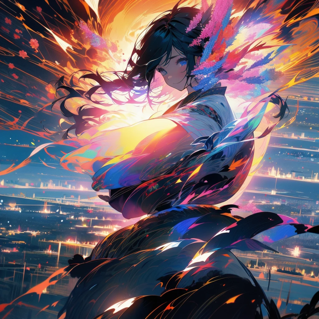 Japanese clothing、woman、Floral、night、Best image quality、Fantasy、Landscape painting、mystery、firework、Fantasyな風景