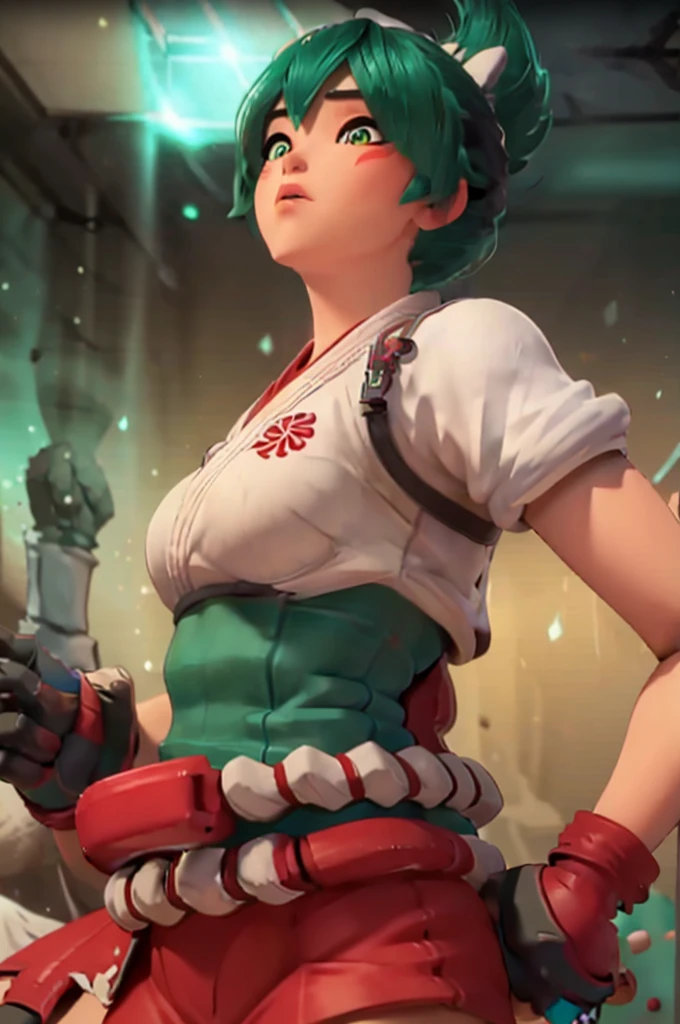 (((Fighting pose))),realistic, realism, photorealism, photo-realistic, high contrast, (photorealistic:1.4), 8k high definition detailed realistic, (best quality, masterpiece:1.2), photon mapping, radiosity, physically-based rendering, best quality, highly detailed, 1girl, owkiriko, green hair:0.6, looks at the viewer, red dress, ((glowing eyes)),