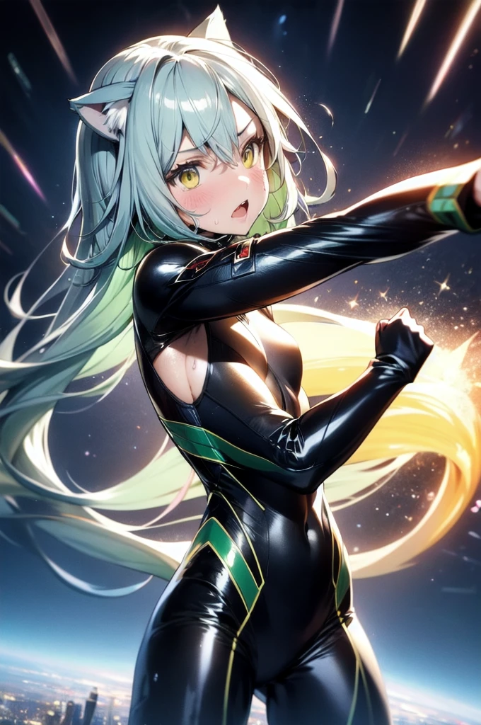 A silver-haired beautiful girl with cat ears eyes are green hair is silver and long clothes: a form-fitting black combat suit The fist is an afterimage The background is a city at night her is in a cat-like fighting pose The year is 14 years monitor, Dark Night, Sweat, Steam of Exhalation, Space, Battle, Dynamic Angle one girl
