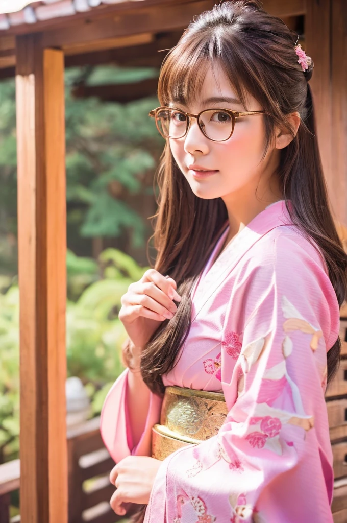 best quality, 8k, very delicate and beautiful, highly detailed face and skin texture, shiny skin, high resolution, cute long hair japanese girl in pink kimono with glasses at japanese temple, sharp focus
