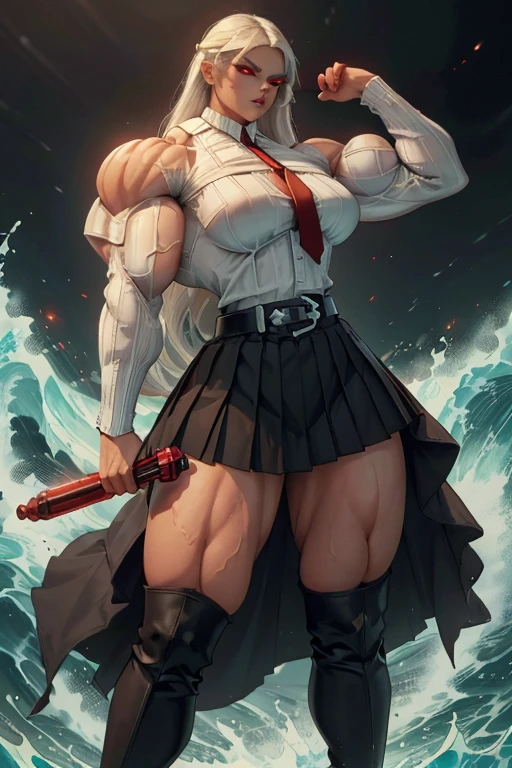 ((Massive tall, beautiful, buff, light brown skinned muscular female Sith Lord with white hair, black lipstick, ginormous bulky muscles, carrying a red lightsaber and wearing a white long sleeve pleated shirt with beautiful long pleated skirt)), ((close view)), (massive muscles), long straight hair, (((glowing red eyes))), red eyes, choker, ((white pleated shirt and tie)), neck tie, ((beautiful long pleated skirt)), belt, thigh high socks, black boots, (in front of a dark tidal wave), closed smile, night, massive muscles