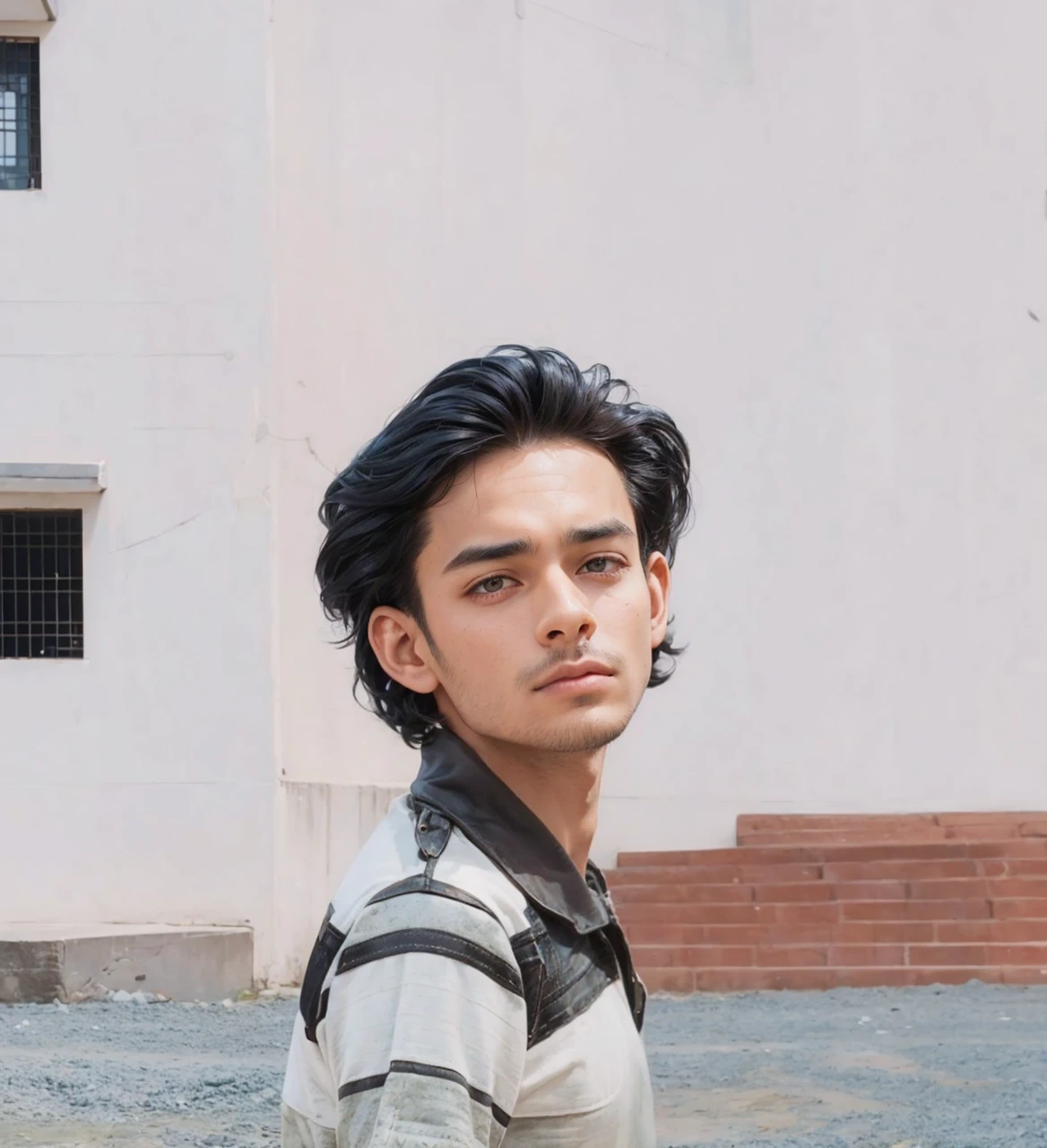 A handsome man. Black hair. Her bangs are down. eighteen. Beautiful double eyes. The bridge of my nose. Well-shaped lips. He is looking at the camera with a defiant expression. An image of planets and outer space strung together in a string in the space behind the man. The man is wearing blue jeans as a jacket.