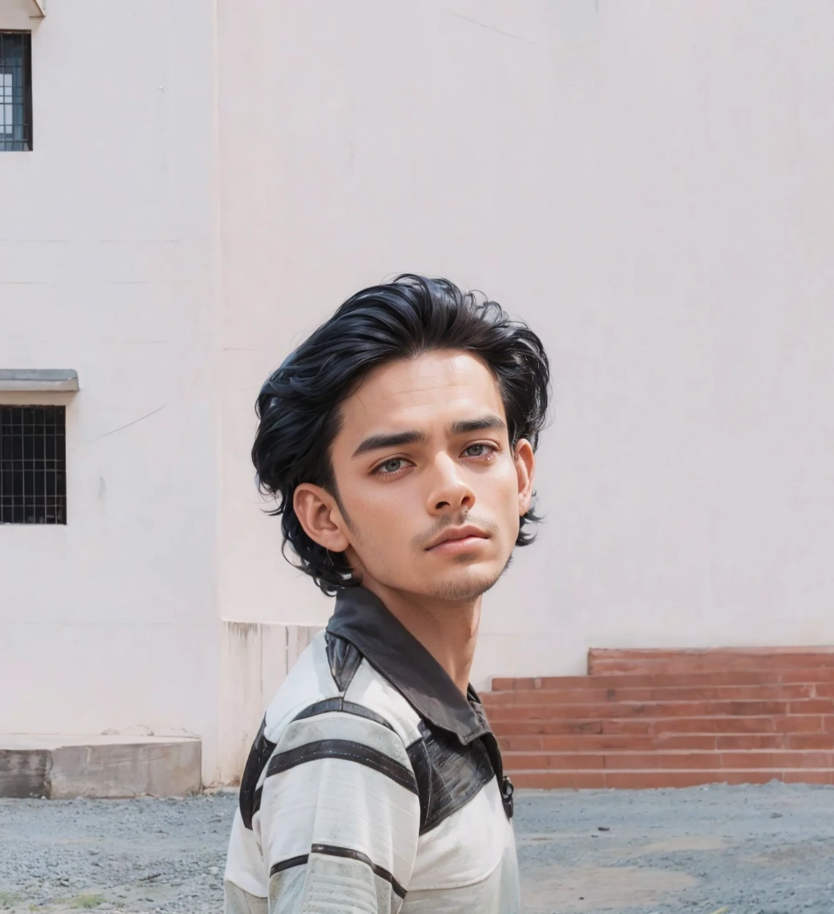 A handsome man. Black hair. Her bangs are down. eighteen. Beautiful double eyes. The bridge of my nose. Well-shaped lips. He is looking at the camera with a defiant expression. An image of planets and outer space strung together in a string in the space behind the man. The man is wearing blue jeans as a jacket.