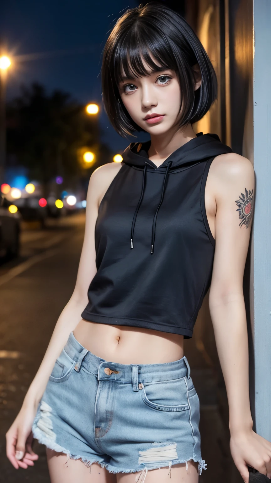 High resolution、1 female、girl、Black Hair、short hair、Slanted Eyes、blue eyes、thin、hoodie、fur、Tank top、Shorts、belly button、Tattoo stickers、Night view