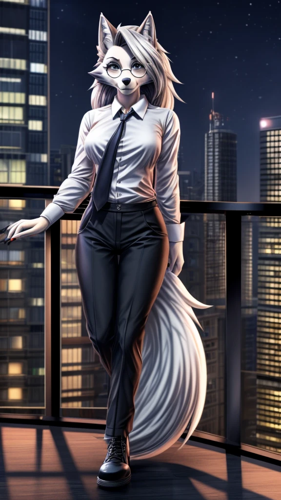 Loona from Helluva Boss, female wolf, anthro, mature adult, soft white hair, grey eyes, round glasses, white shirt with tie, black pants, black shoes, standing in the balcony, city at background, night, detailed, solo, beautiful, front view, high quality, anime style, 4K