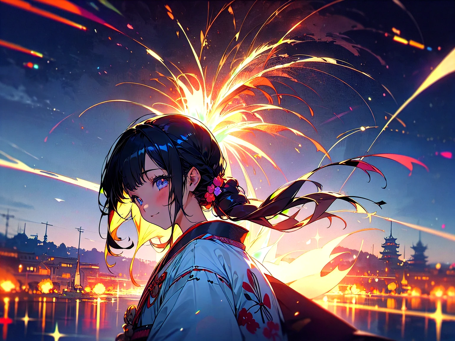 (beautifully、aesthetic:1.2)、(1 Girl:1.3)、(Black Hair:1.2)、Japanese clothing、miracle、happinessそうな笑顔、like、happiness、Great space、night、Fireworks space、Fantastic space、fireworks are in full bloom、