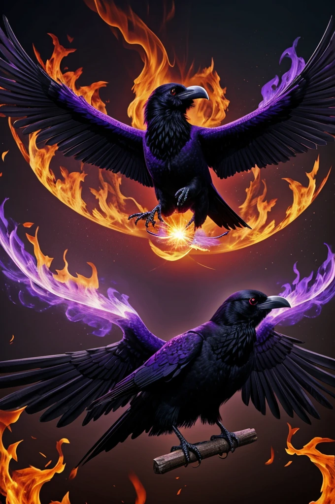 Raven with wings spread, red eyes, purple fire around 