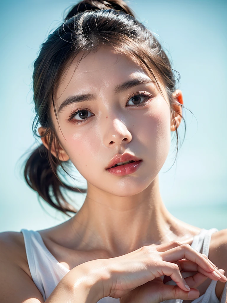 Surrealist Characters. 22-year-old female, Hooked nose, Beautiful and dignified, White skin, Large Breasts, Black Hair (((Ponytail hairstyle))), Wearing pink T-shirt. Body facing the camera，Put your hands in a ready position, Facial details (((details of a Hooked nose, Small Eyes, Natural eyebrows, Mouth))), The distance between eyebrows and eyes is far, Green to blue gradient background. Lip Gloss, eyelash, Shiny face, Glowing skin, Top quality, Ultra-high resolution, Depth of Field, Chromatic Aberration, Caustics, Broad lighting, Natural shadows, High-quality photos, Ultra HD, 16K, 1 girl, 3d, surf