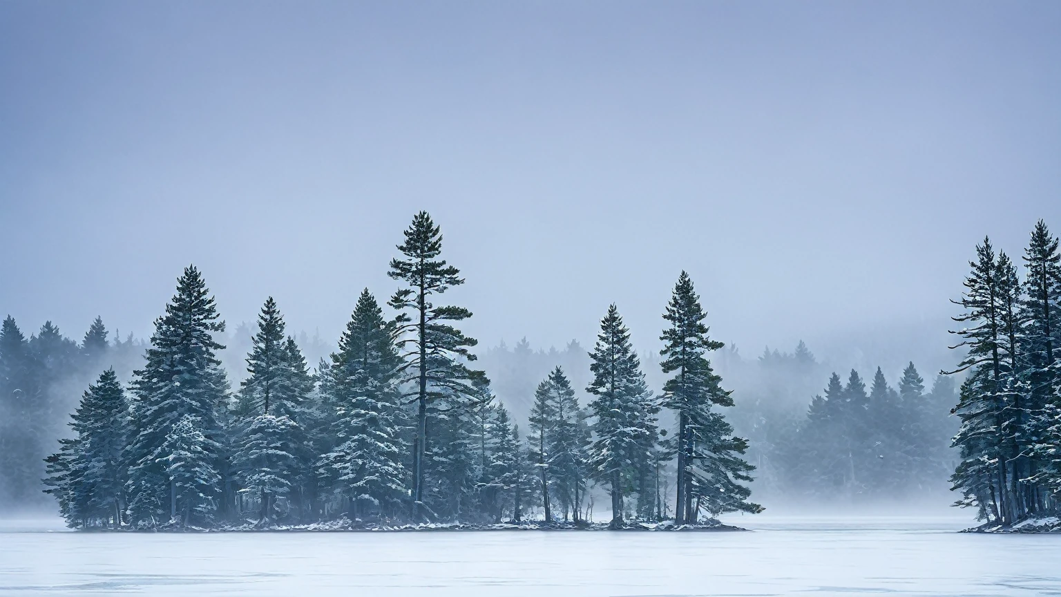 frozen lake, fog, cloudy skies, pine trees, winter, blizzard, background