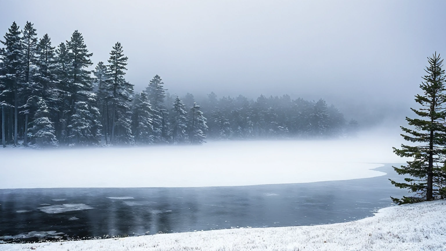 frozen lake, fog, cloudy skies, pine trees, winter, blizzard, background