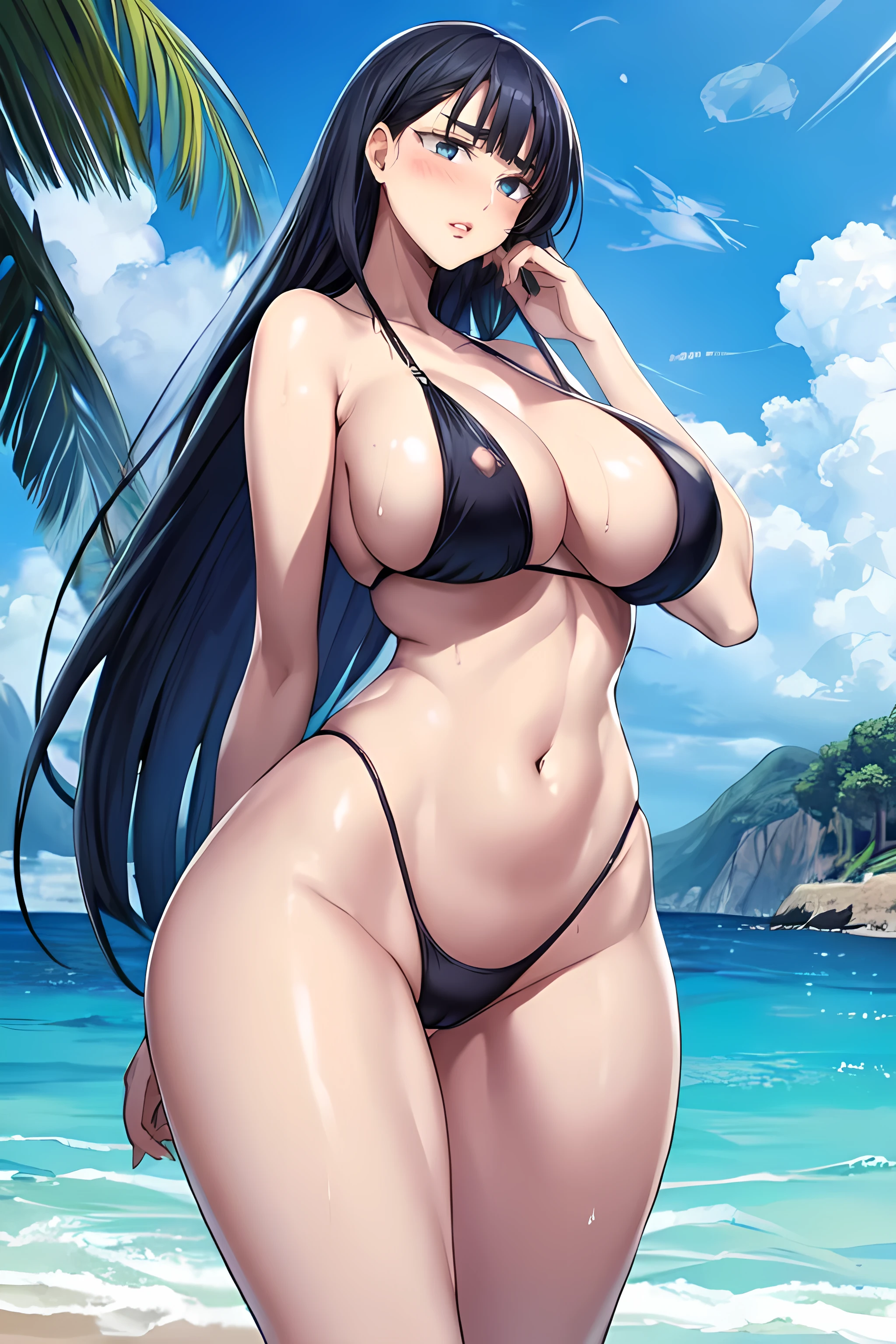 score_9, score_8_up, score_7_up, score_6_up, score_5_up, score_4_up, (8k, RAW photo, best quality, masterpiece:1.2), front view detailed body, long belly, big , Slender body, tight body , thicc ,medium breast , long thighs, muscular woman, JooRidef, black hair, long hair, blue eyes, large breasts, 
1girl, solo, looking at viewer, swimsuit, very wet, wet hair, wet clothes, heavy breath, smile, blush, beach, day, outdoors