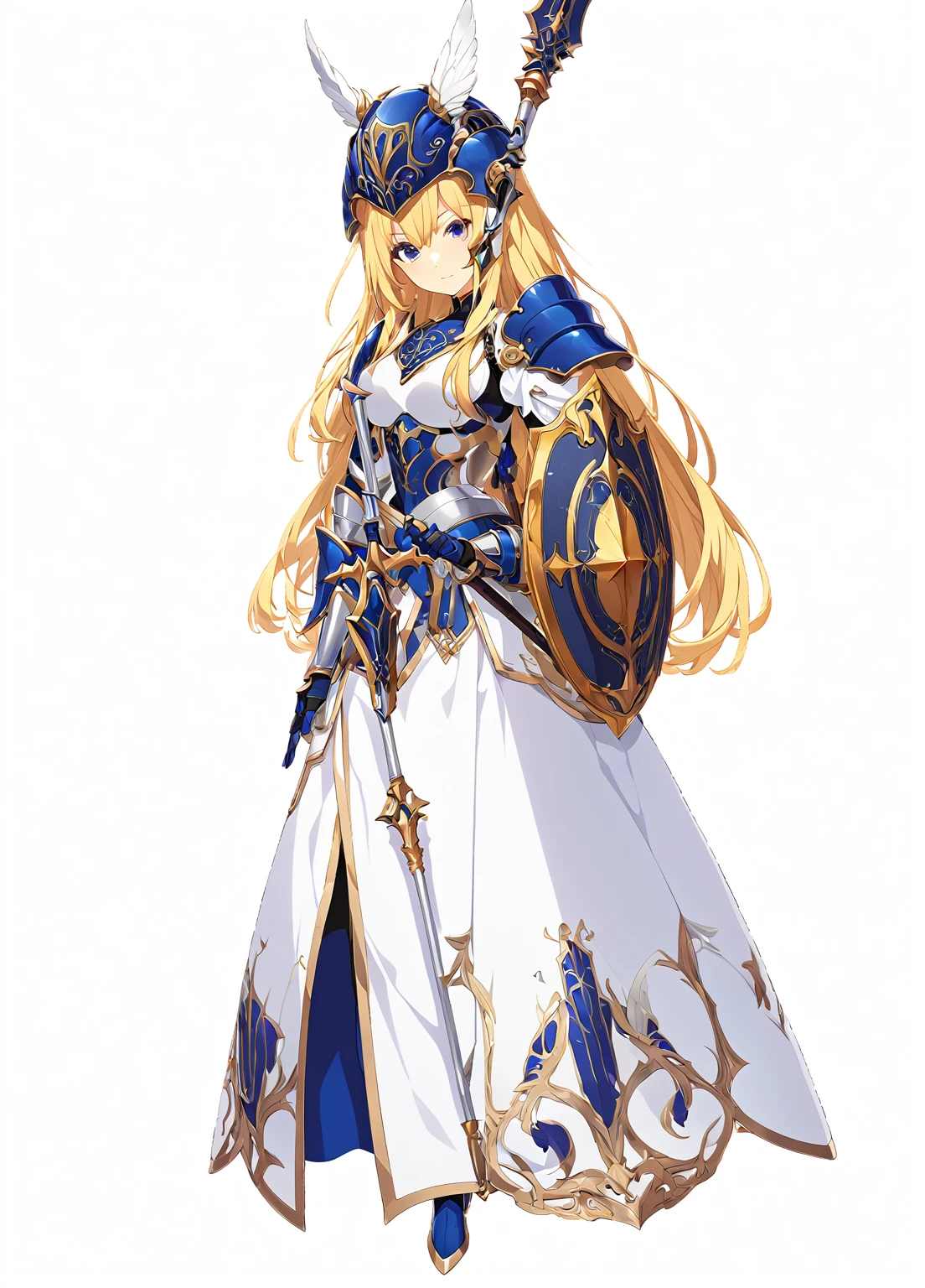 high quality, high resolution, high qualityのゲームアートスタイル, whole body,valkyrie,perfect hand,Official Art, Smooth game CG art, Visual Novel Sprites, White background,Smooth game CG art, (((Woman with a long spear))),Woman wearing a white dress and blue armor, An intricately designed helmet with white feathers,Small shield, (((In his right hand he holds an elaborate long spear))),Exquisite Blue Armor,Golden Hair, long hair, female knight, Rin々Shii,Large Bust,20-year-old,