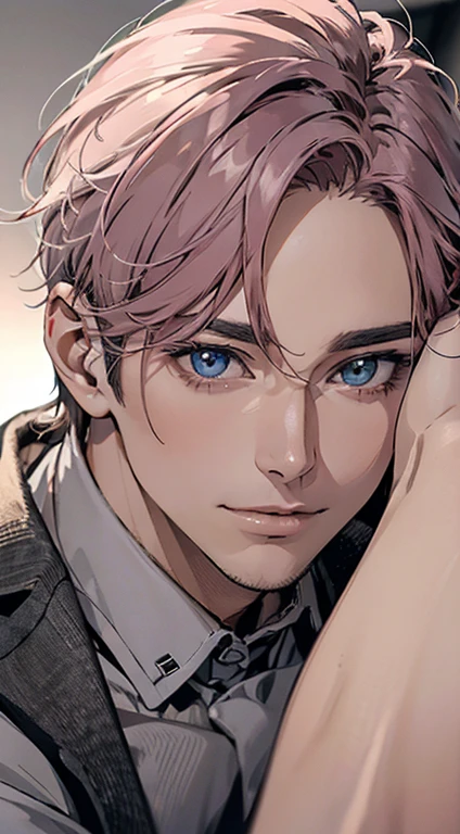 (best quality,4k,8k,highres,masterpiece:1.2),ultra-detailed,(realistic,photorealistic,photo-realistic:1.37),1 man,31 years old,mature man,very handsome,without expression,smile,short grey pink hair,blue eyes,penetrating gaze,perfect face without errors,imposing posture,businessman,office background,cinematic lighting,hdr image