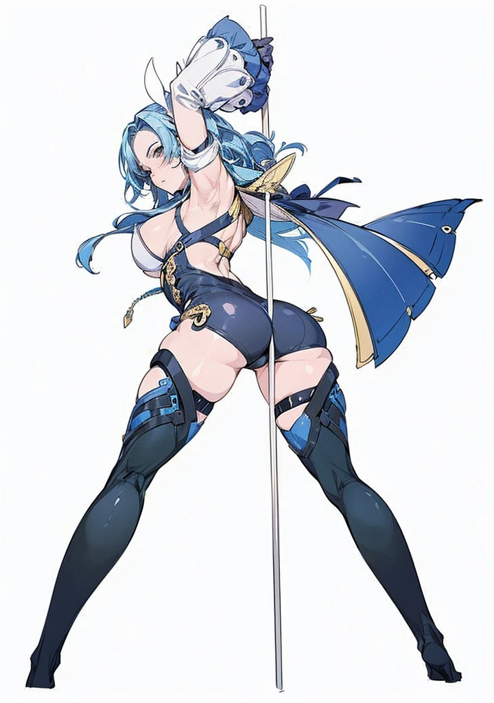 In Yusuke Murata style, Hold the pose, but draw with flat colors, cel shading, limited color palette and simplified lighting. sexy girl on the coast, with a big ass leaning against a bar. 