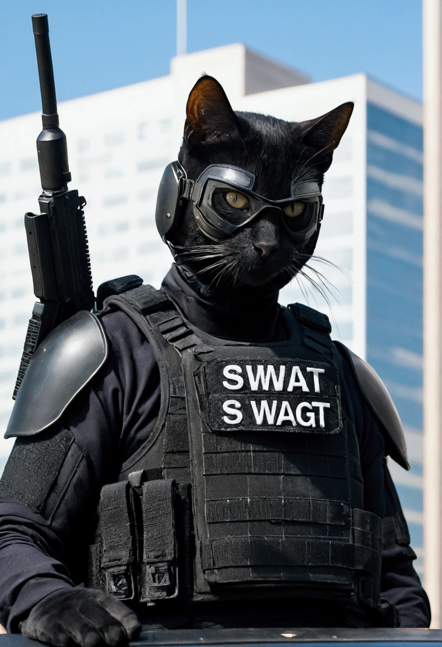 den cat, Black SWAT suit, detailed dark mascara, perfect skin, smiling, It&#39;s on the side of an armored SWAT car, in a city, He is heavily armed with a rifle, rule of thirds, high quality background, ultra detailed landscape, ultra sharp focus, detailed dark mascara, Perfect professional photo