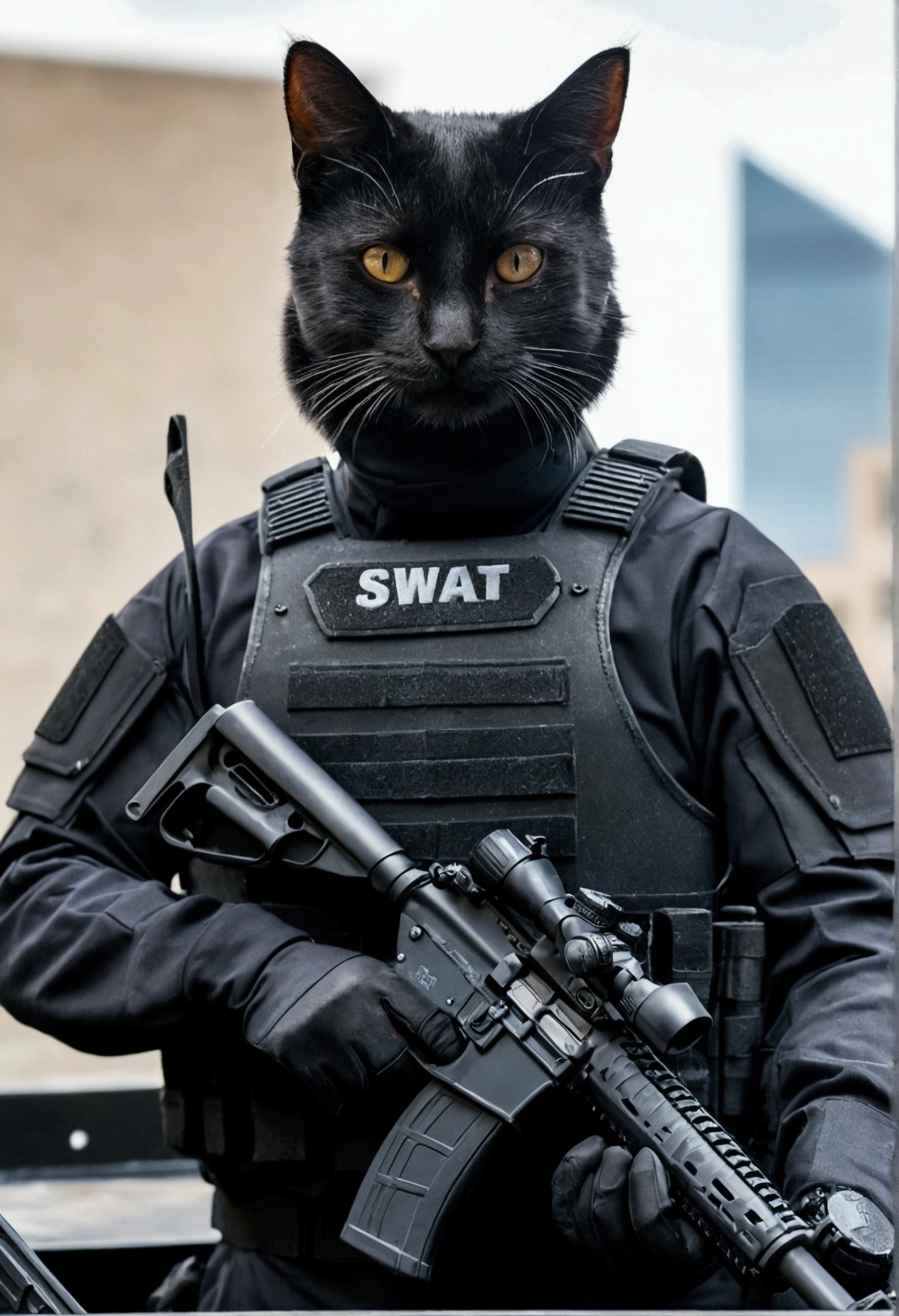 den cat, Black SWAT suit, detailed dark mascara, perfect skin, smiling, It&#39;s on the side of an armored SWAT car, in a city, He is heavily armed with a rifle, rule of thirds, high quality background, ultra detailed landscape, ultra sharp focus, detailed dark mascara, Perfect professional photo