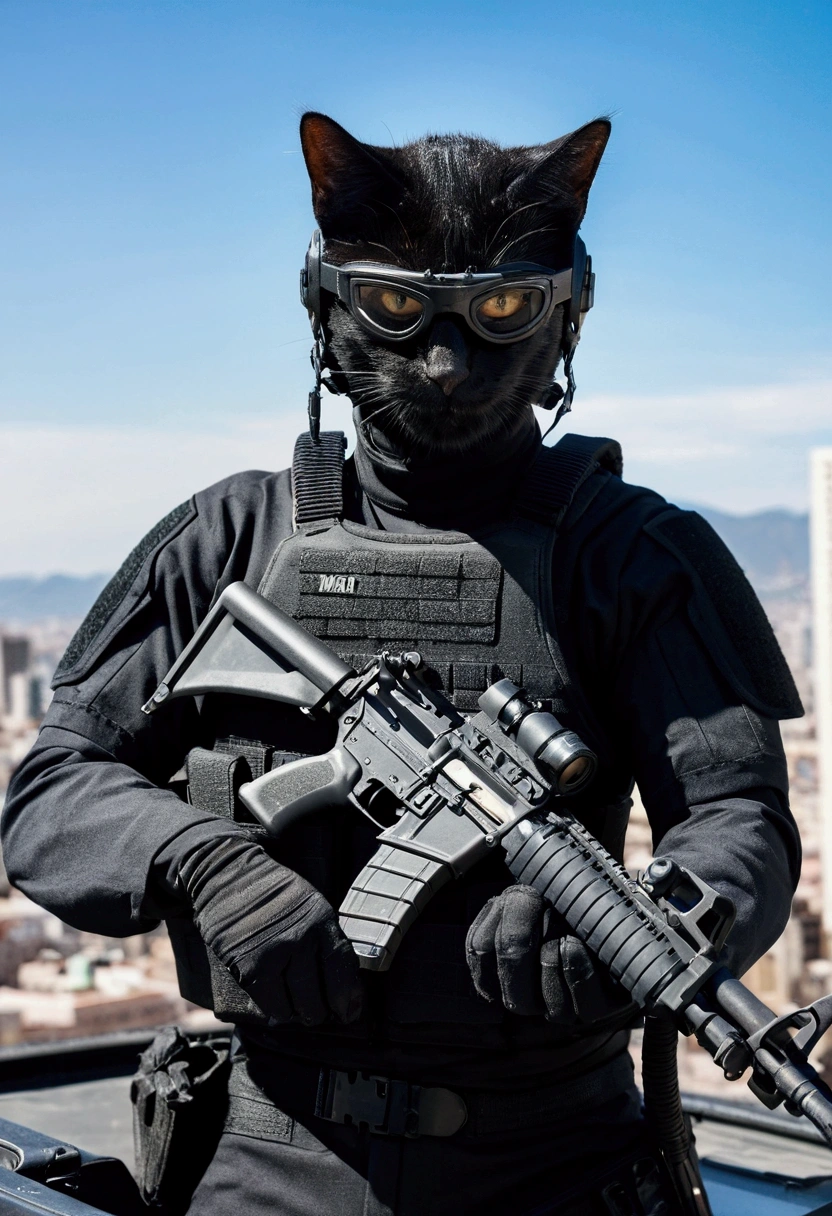 den cat, Black SWAT suit, detailed dark mascara, perfect skin, smiling, It&#39;s on the side of an armored SWAT car, in a city, He is heavily armed with a rifle, rule of thirds, high quality background, ultra detailed landscape, ultra sharp focus, detailed dark mascara, Perfect professional photo