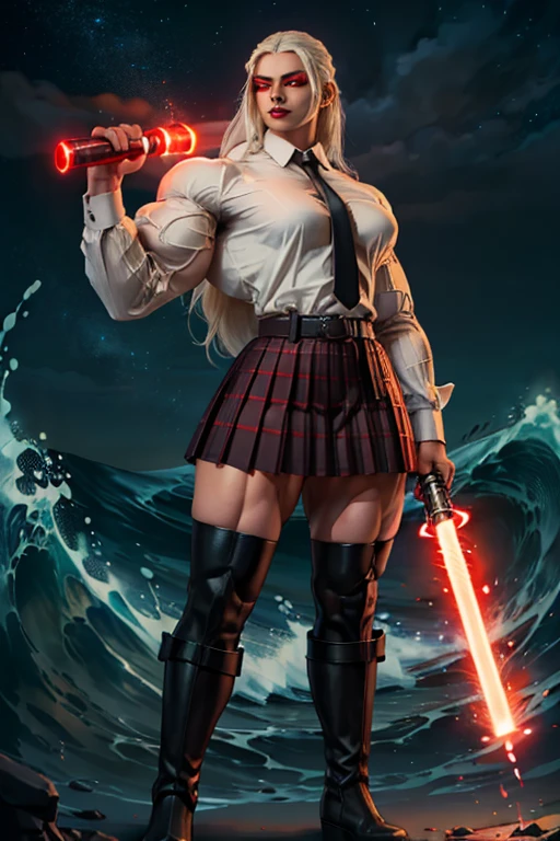 ((Massive tall, beautiful, buff, light brown skinned muscular female Sith Lord with white hair, black lipstick, ginormous bulky muscles, carrying a red lightsaber and wearing a white long sleeve pleated shirt with beautiful long pleated skirt)), ((close view)), (massive muscles), long straight hair, (((glowing red eyes))), red eyes, choker, ((white pleated shirt and tie)), neck tie, ((beautiful long pleated skirt)), belt, thigh high socks, black boots, (in front of a dark tidal wave), closed smile, night, massive muscles